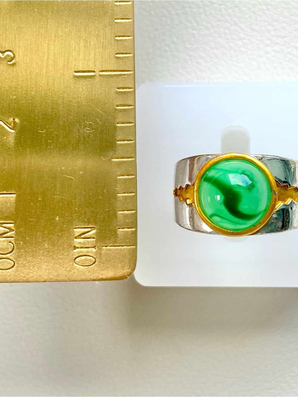 Green Glass Cabochon Silver and Gold Accent Ring - Picture 2 of 3